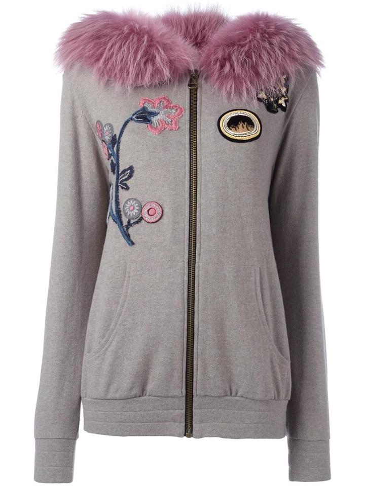 Mr & Mrs Italy Fur Hooded Appliqué Detail Cardigan, Women's, Size: 42, Grey, Wool/polyamide/cotton/racoon Fur