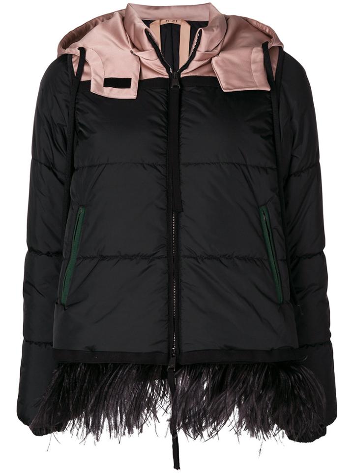 No21 Feather Trim Padded Jacket - Black