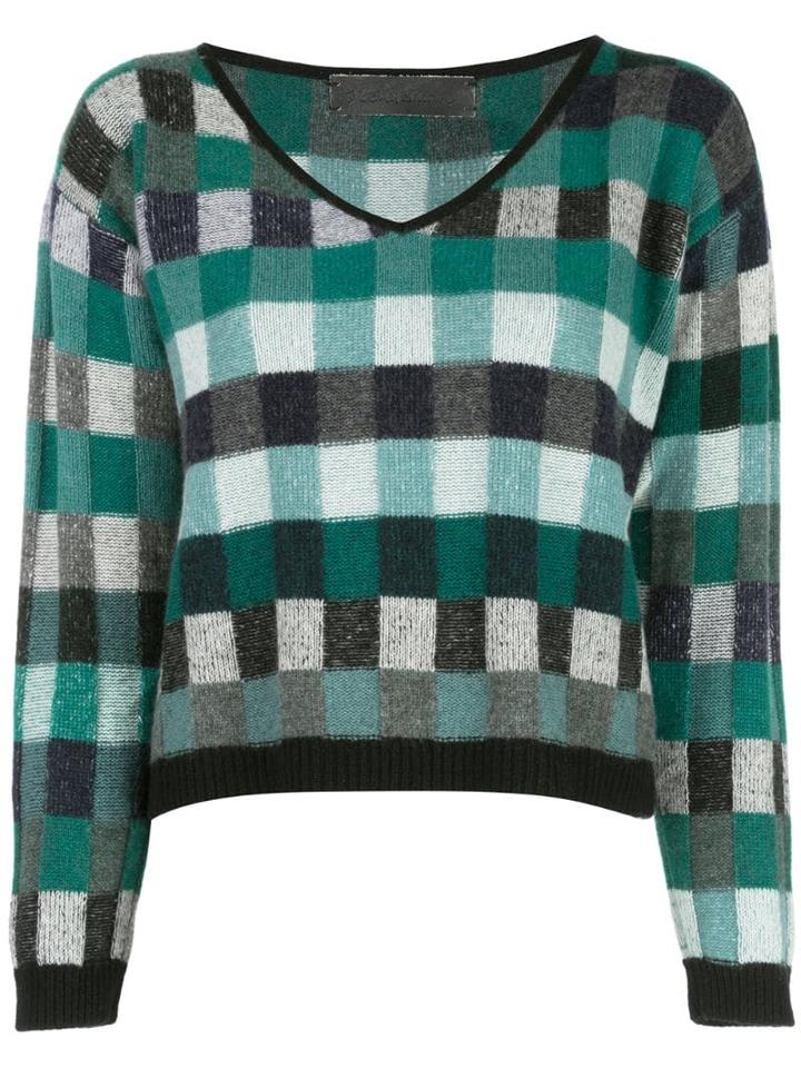 The Elder Statesman Cropped Check Knit Sweater - Green