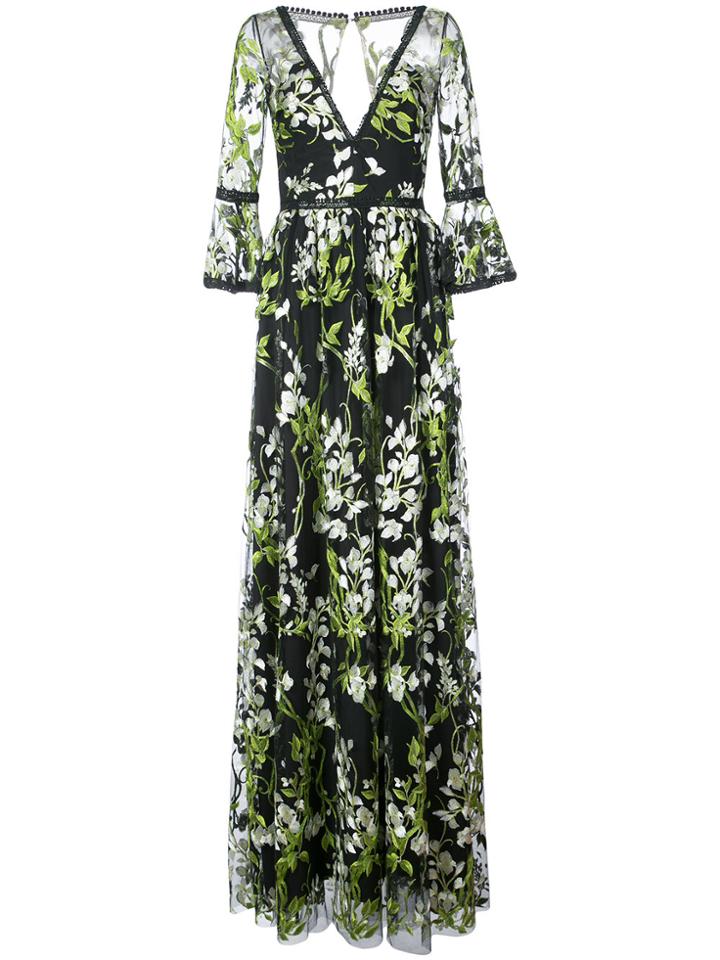 Marchesa Notte Embroidered Trumpet Sleeve Gown - Black