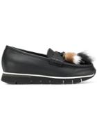 Santoni Fur Tassel Front Loafers - Black