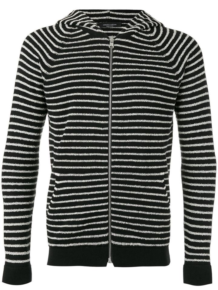 Roberto Collina Striped Hoodie, Men's, Size: 52, Black, Cotton/polyamide
