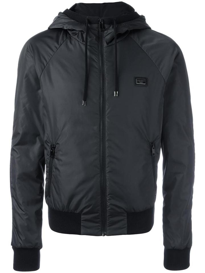 Dolce & Gabbana Drawstring Hooded Jacket, Men's, Size: 54, Black, Calf Leather/acrylic/polyamide/wool