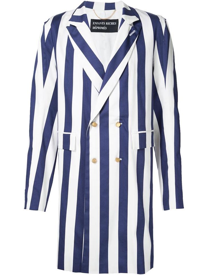 Enfants Riches Deprimes Striped Long Double Breasted Coat, Adult Unisex, Size: Small, Blue, Cotton
