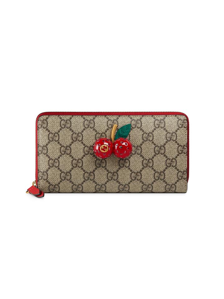 Gucci Gg Supreme Zip Around Wallet With Cherries - Brown