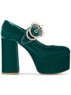 Miu Miu Green Velvet Platform 130 Mary Jane Heels