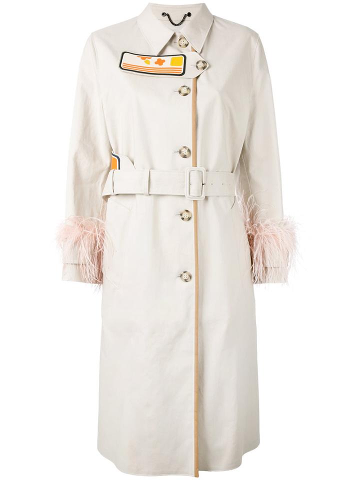 Prada Feather Trim Trench Coat, Women's, Size: 38, Nude/neutrals, Cotton/resin/feather