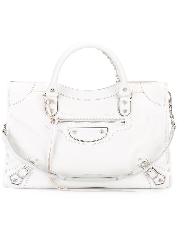 Balenciaga Front Zip Tote, Women's, White, Sheep Skin/shearling