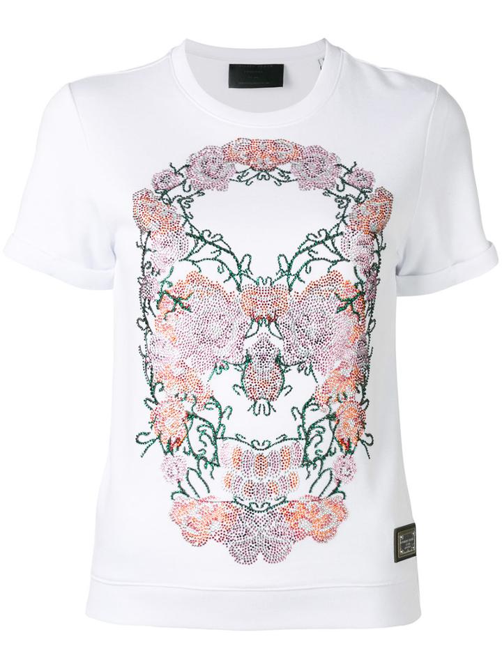 Philipp Plein - Floral Skull T-shirt - Women - Cotton/modal - Xl, White, Cotton/modal