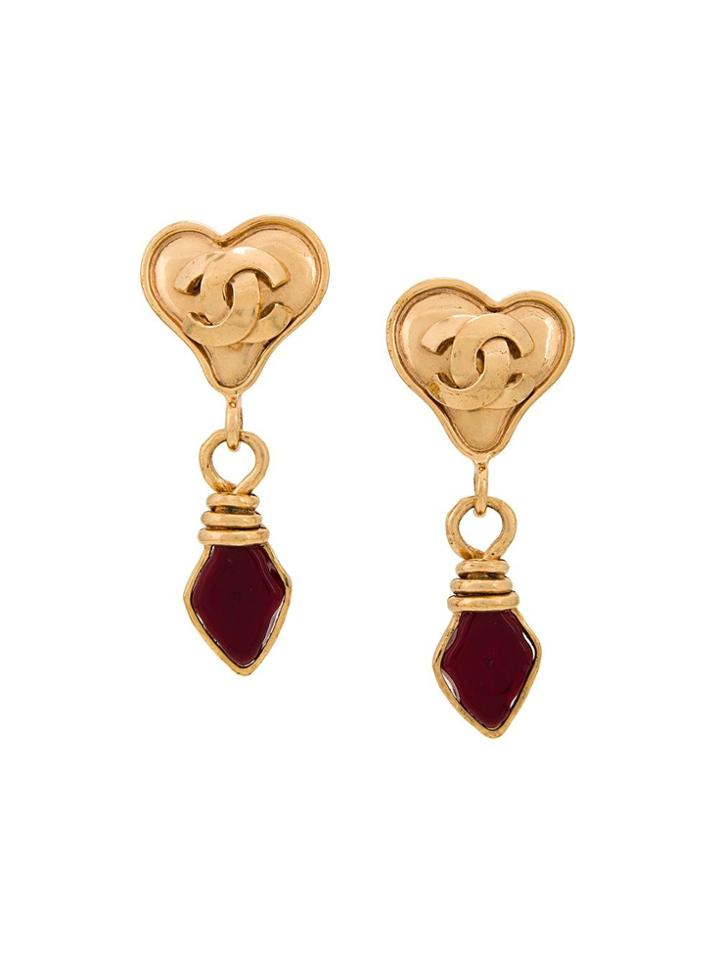 Chanel Vintage Heart Stone Clip-on Earrings - Metallic