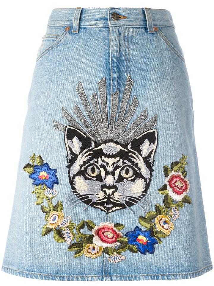 Gucci - Embroidered Denim Skirt - Women - Cotton/metallic Fibre - 38, Women's, Blue, Cotton/metallic Fibre