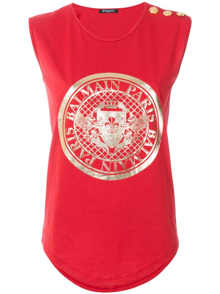 Balmain Button Shoulder Detail Logo Print T-shirt - Red