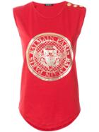 Balmain Button Shoulder Detail Logo Print T-shirt - Red