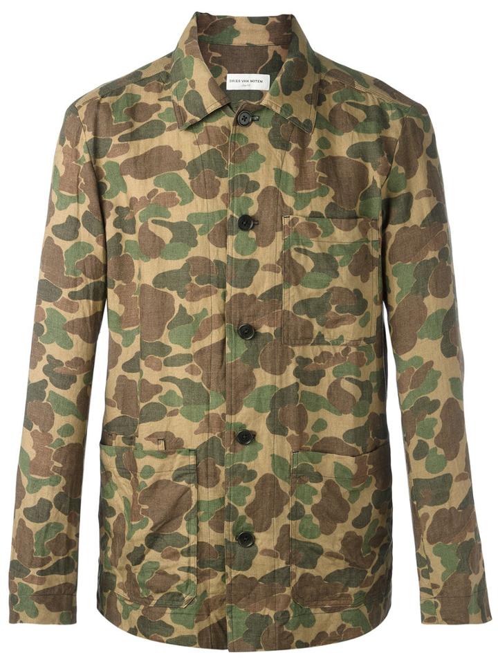 Dries Van Noten Camouflage Print Shirt, Men's, Size: 52, Yellow/orange, Linen/flax