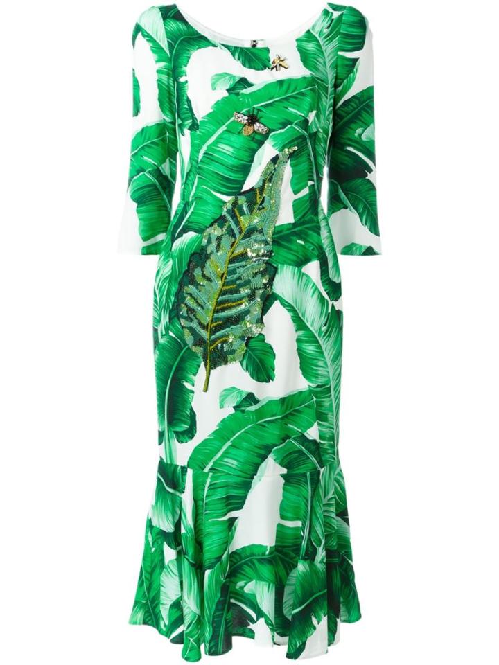 Dolce & Gabbana Banana Leaf Print Dress, Women's, Size: 40, White, Viscose/silk/spandex/elastane/crystal