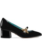 Gucci Bee-shaped Decor Patent Leather Mid-heel Pumps - Black