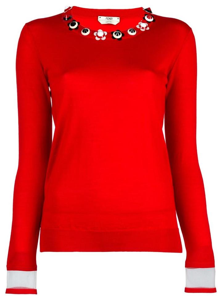 Fendi Embellished Neck Jumper, Women's, Size: 42, Red, Silk/cashmere/polyester/plastic