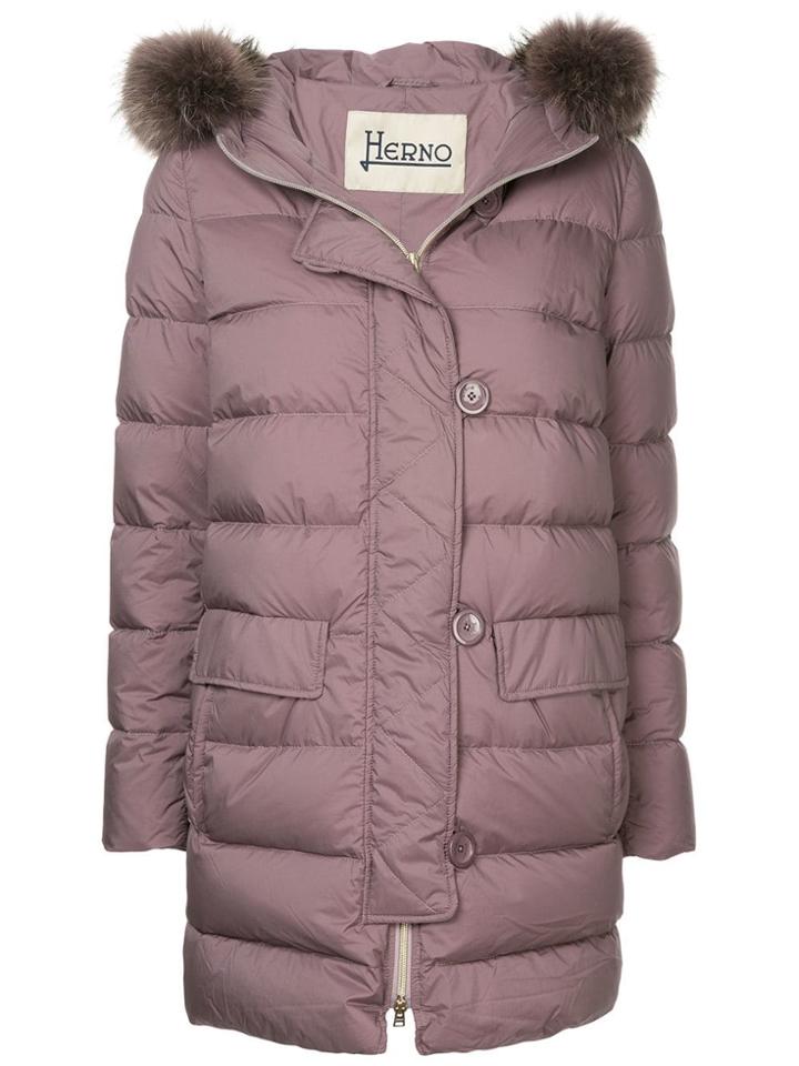 Herno Faux Fur Trimmed Hood Padded Coat - Purple