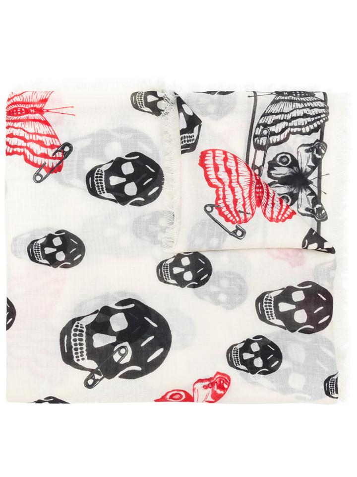 Alexander Mcqueen Butterfly And Skull Print Scarf - White