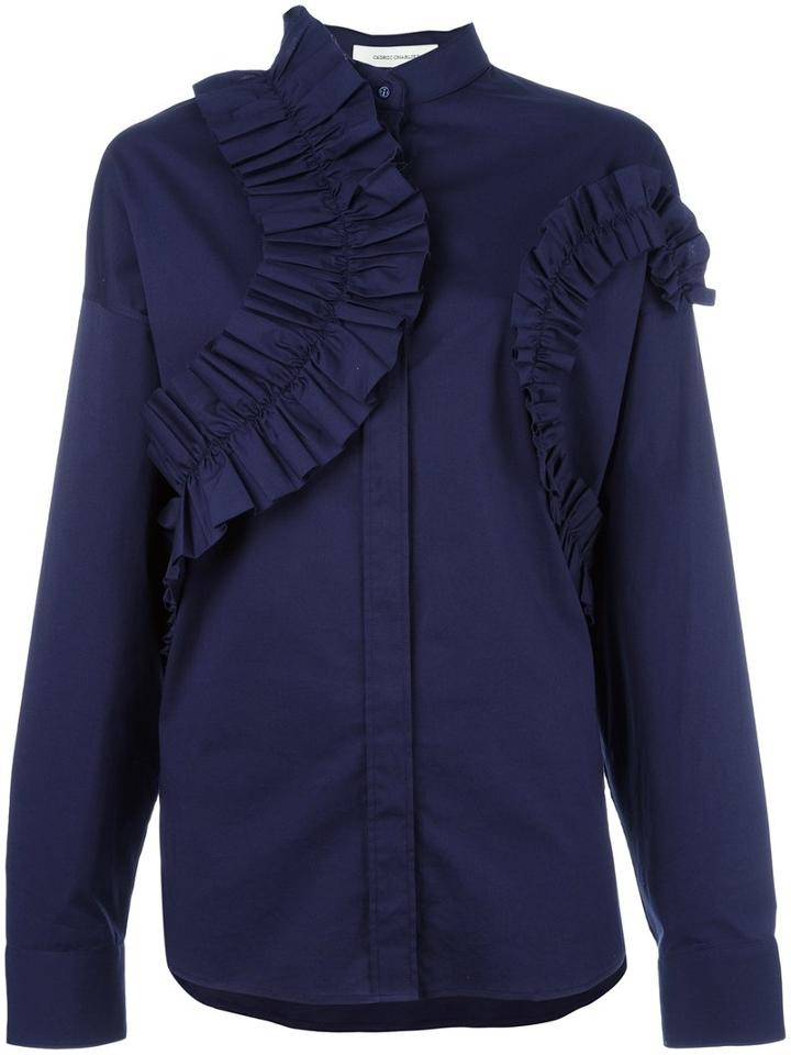 Cédric Charlier Ruffled Panel Blouse, Women's, Size: 40, Blue, Cotton/other Fibers