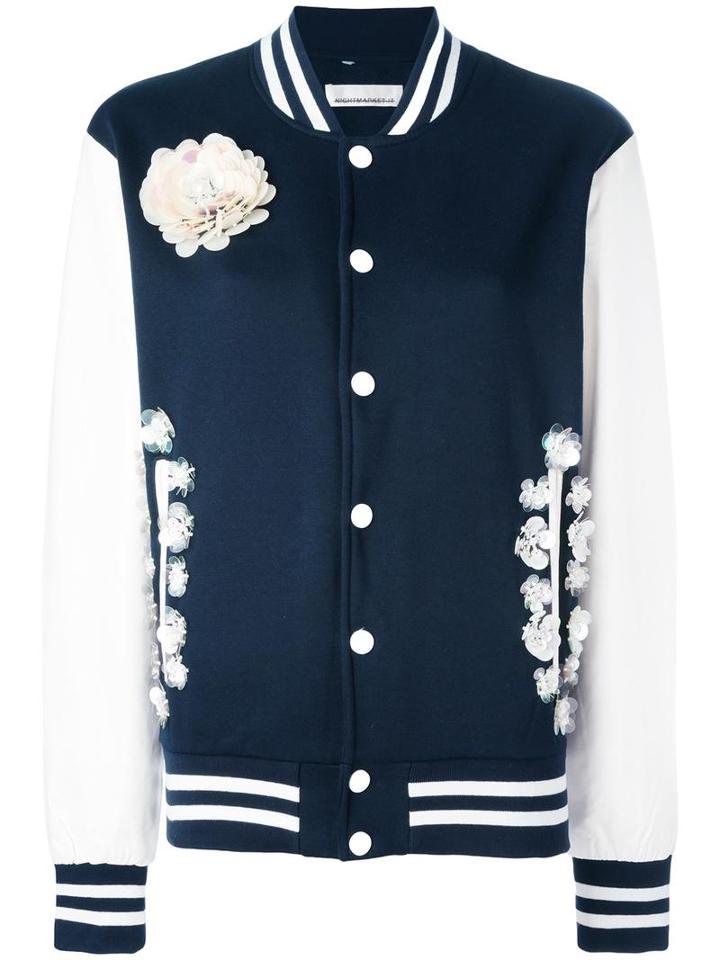 Night Market Flower Embellished Bomber Jacket, Women's, Size: Small, Blue, Polyester/cotton/leather