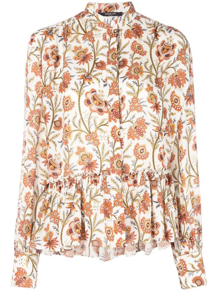 Derek Lam Floral Print Ruffle Hem Blouse - White