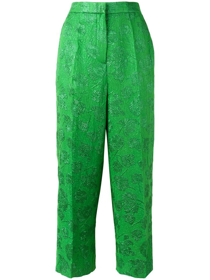 Rochas Floral Motif Cropped Trousers, Women's, Size: 42, Green, Silk/polyester