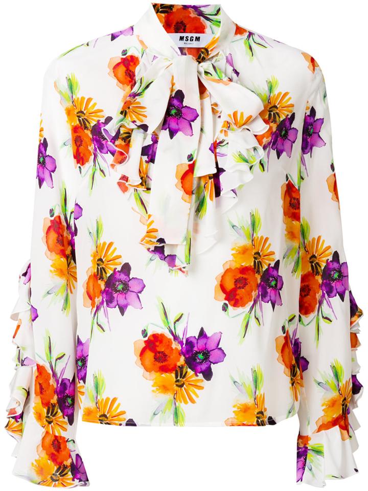 Msgm Longlseeve Tie Neck Blouse - White