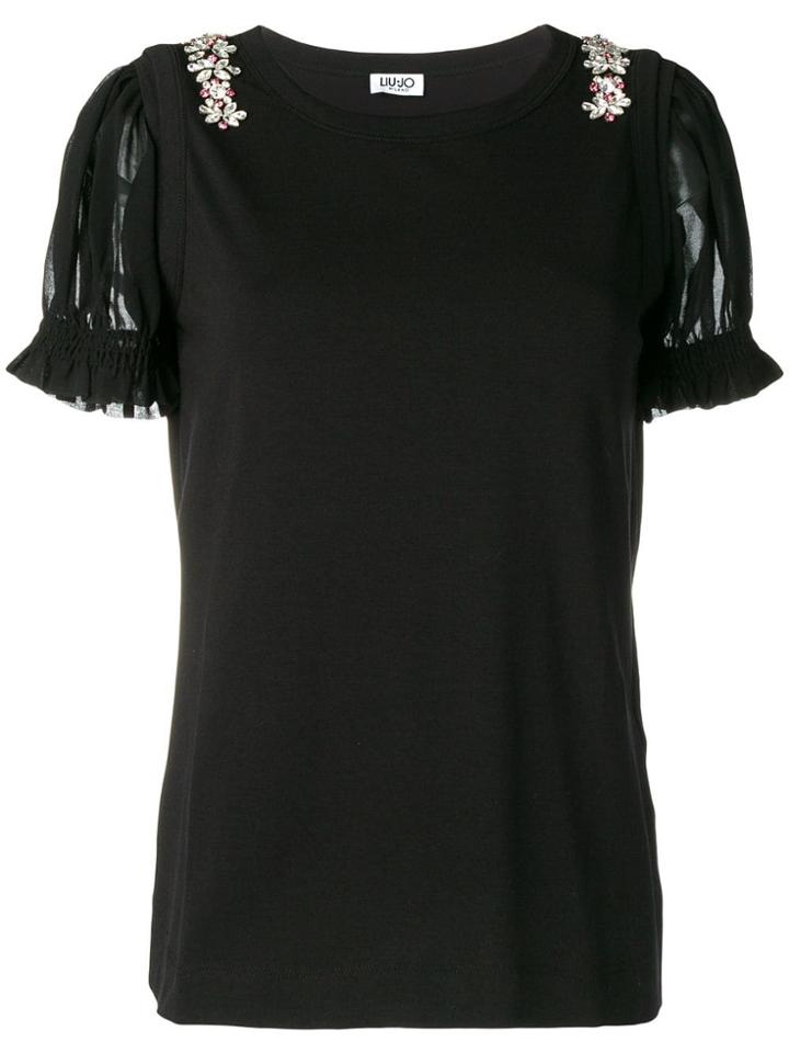 Liu Jo Embellished Ruffled-sleeve T-shirt - Black