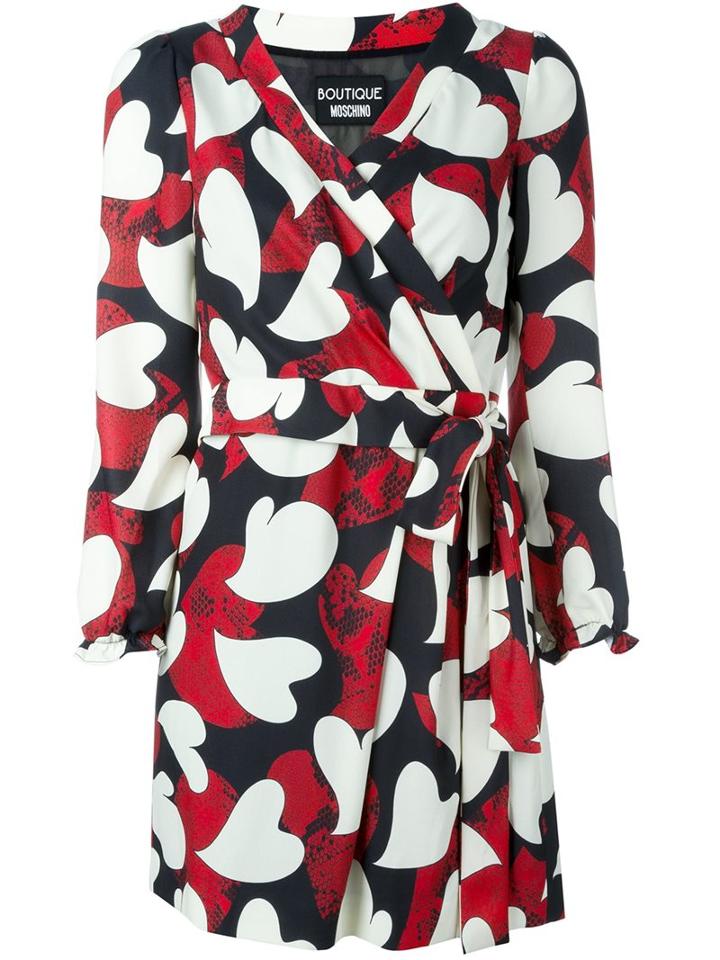 Boutique Moschino Heart Print Wrap Dress, Women's, Size: 44, Black, Polyester