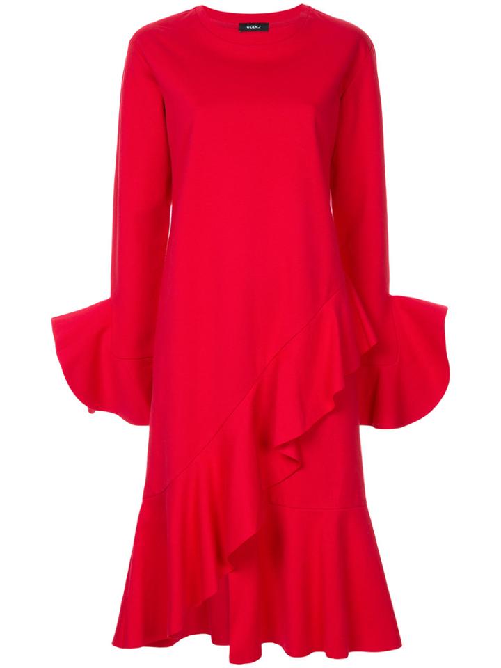 Goen.j Asymmetric Ruffle-trimmed Jersey Midi Dress - Red