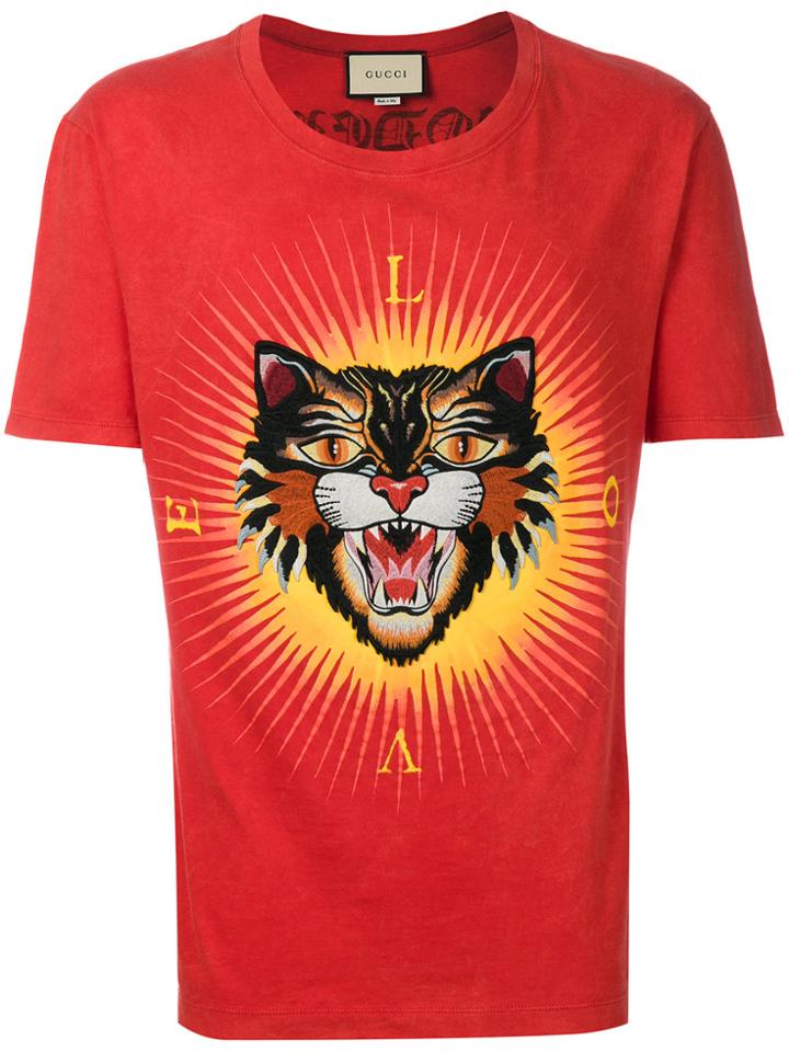 Gucci Angry Cat Appliqué T-shirt - Red
