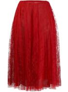 Valentino Pleated Lace Midi Skirt - Red