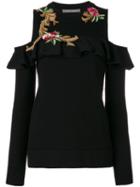 Alberta Ferretti - Embroidered Cutout Shoulder Sweater - Women - Virgin Wool - 44, Black, Virgin Wool