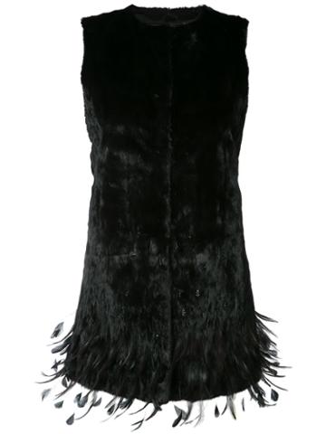 Oscar De La Renta - Embroidered Hem Vest - Women - Silk/ermine Fur/rooster Feathers - Xs, Black, Silk/ermine Fur/rooster Feathers