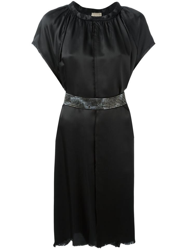 Nude Pleated Trim Belted Dress, Women's, Size: 44, Black, Viscose