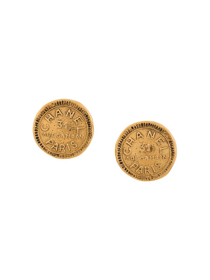 Chanel Vintage Address Embossed Round Earrings - Metallic