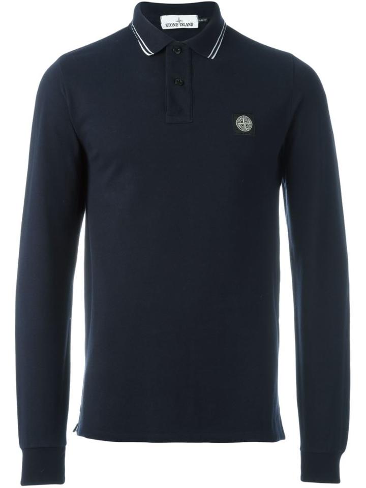 Stone Island Logo Patch Polo Shirt, Men's, Size: Large, Blue, Cotton/spandex/elastane