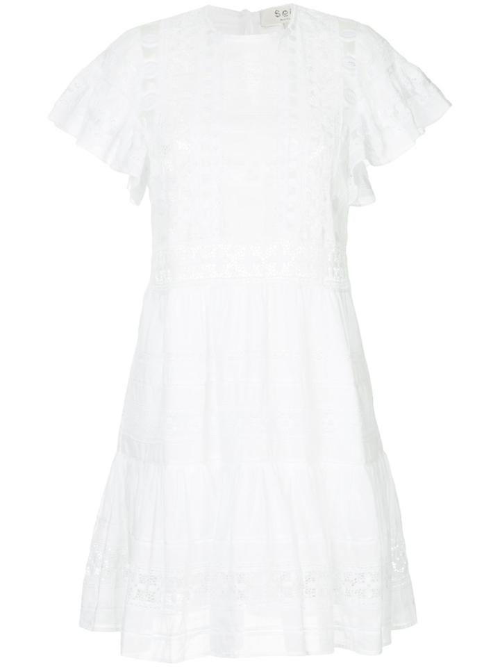 Sea Lace Trimmed Pleated Fitted Dress - White
