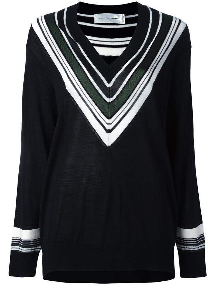 Victoria Victoria Beckham Striped V-neck Jumper, Women's, Size: 8, Black, Wool