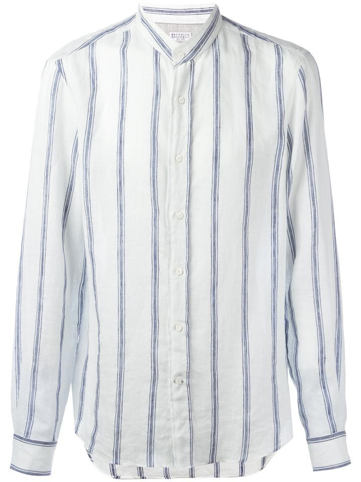 Brunello Cucinelli Striped Shirt, Men's, Size: Large, White, Linen/flax/silk/cotton