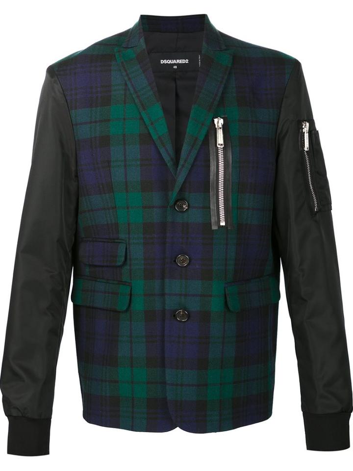 Dsquared2 Mixed Material Tartan Bomber, Men's, Size: 48, Black, Polyamide/polyester/polyurethane/wool