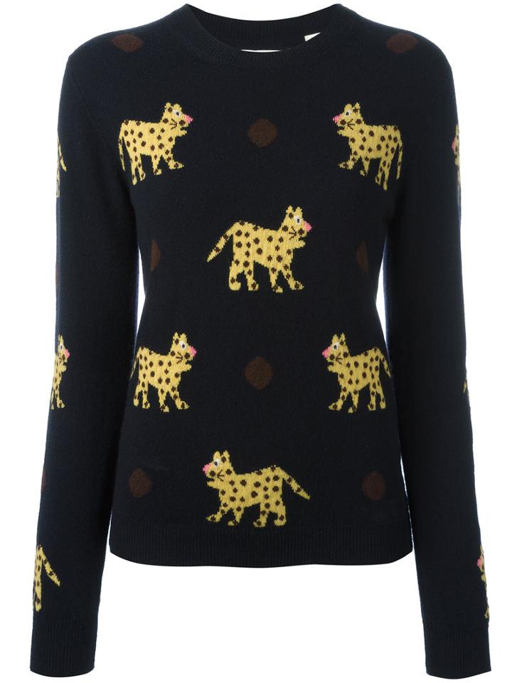 Chinti And Parker Leopard Intarsia Jumper, Women's, Size: Small, Blue, Cashmere