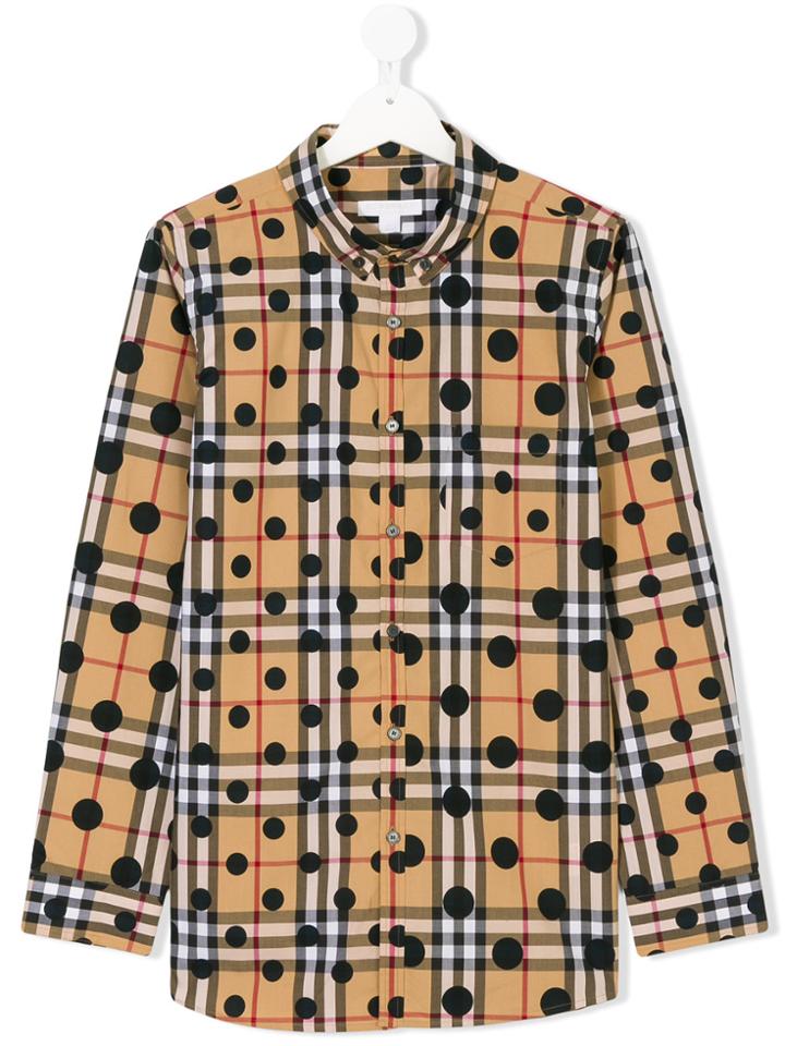 Burberry Kids Teen Check Polka-dot Shirt - Brown