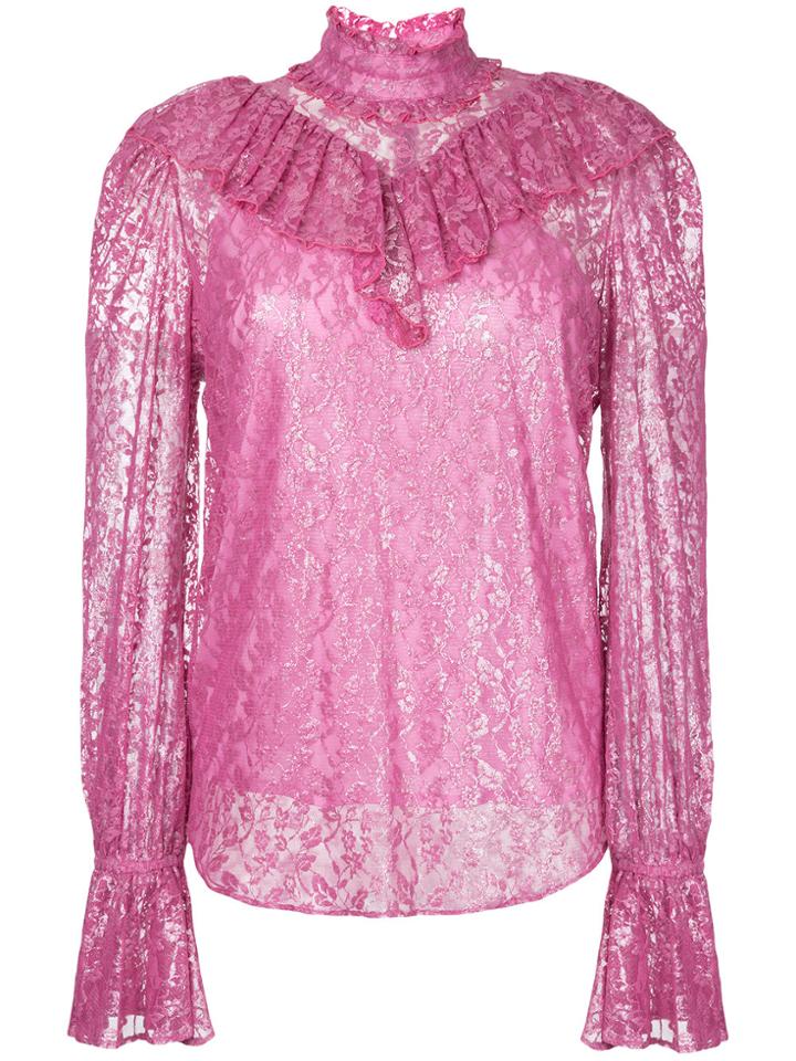 G.v.g.v. Foiled Lace Ruffle High Neck Blouse - Pink & Purple