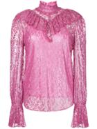 G.v.g.v. Foiled Lace Ruffle High Neck Blouse - Pink & Purple