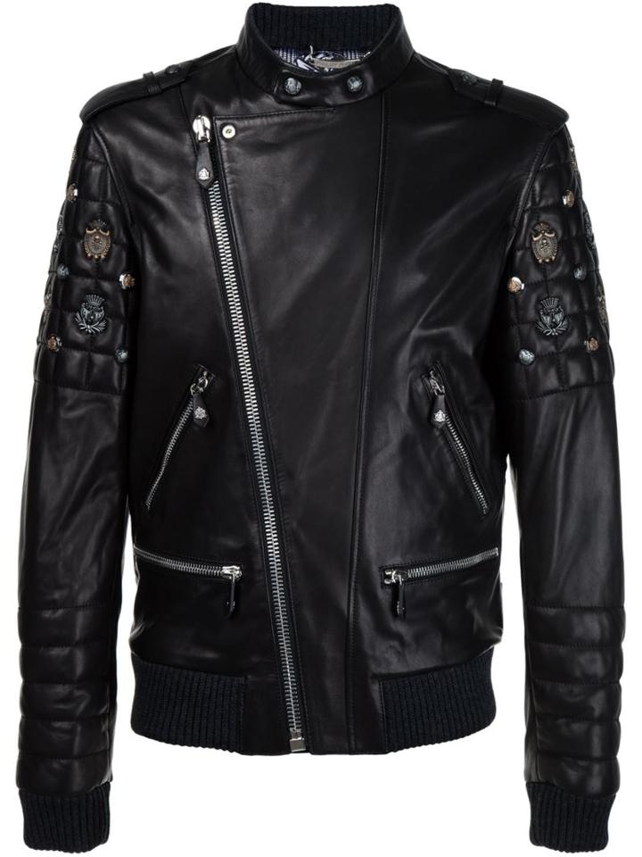 Philipp Plein Quilted Sleeve Biker Jacket, Men's, Size: Large, Black, Lamb Skin/acrylic/polyester/wool