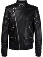 Philipp Plein Quilted Sleeve Biker Jacket, Men's, Size: Large, Black, Lamb Skin/acrylic/polyester/wool