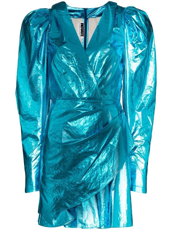 Rotate Puff-shoulder Wrap Mini-dress - Blue