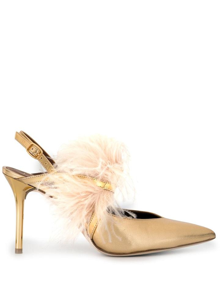 Malone Souliers Gold Agnes 85mm Feather Sling Back